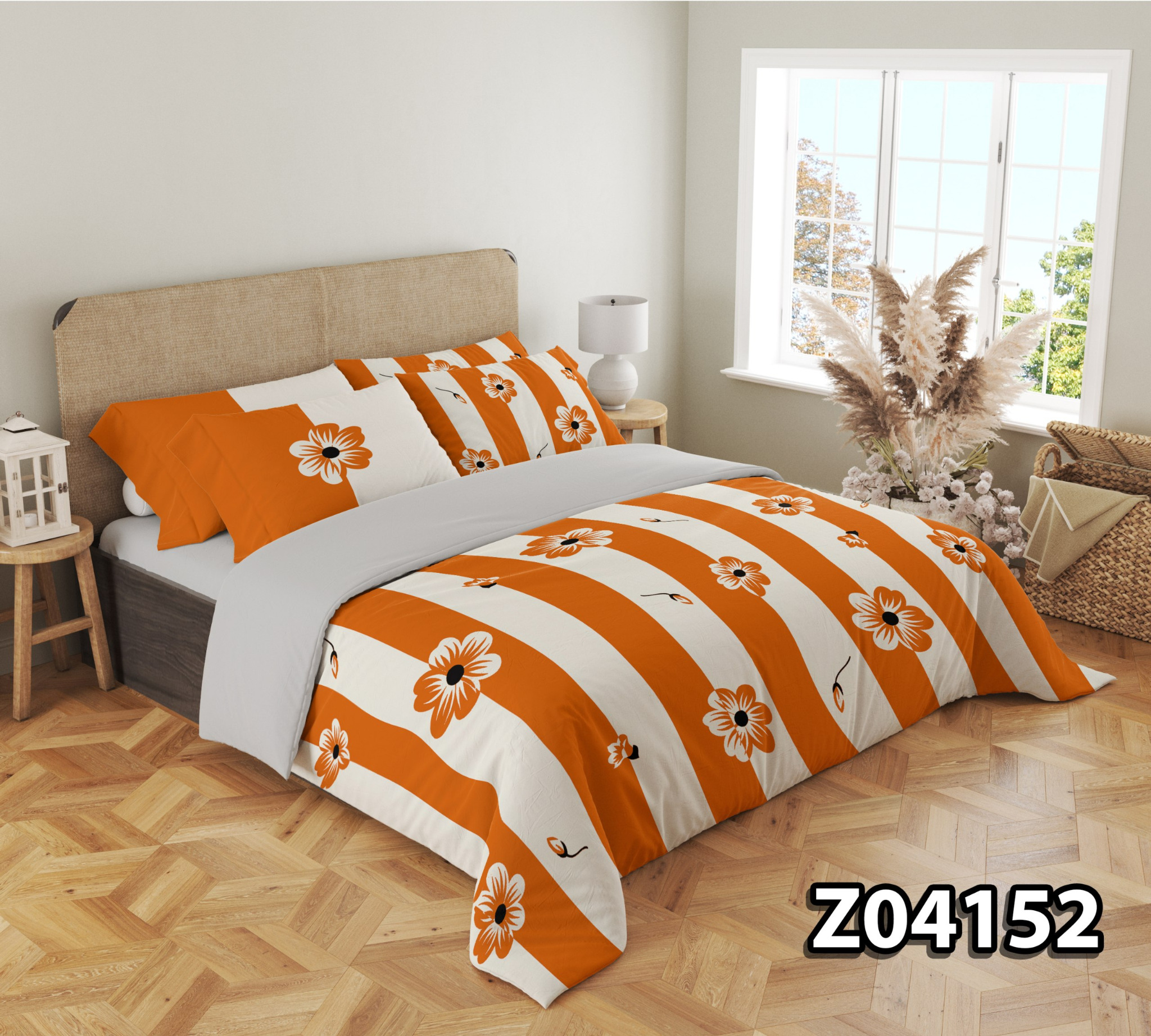 Z04152-راه-راه-گلدار-نارنجی-01 سرویس لحاف روتختی مدل راهراه نارنجی